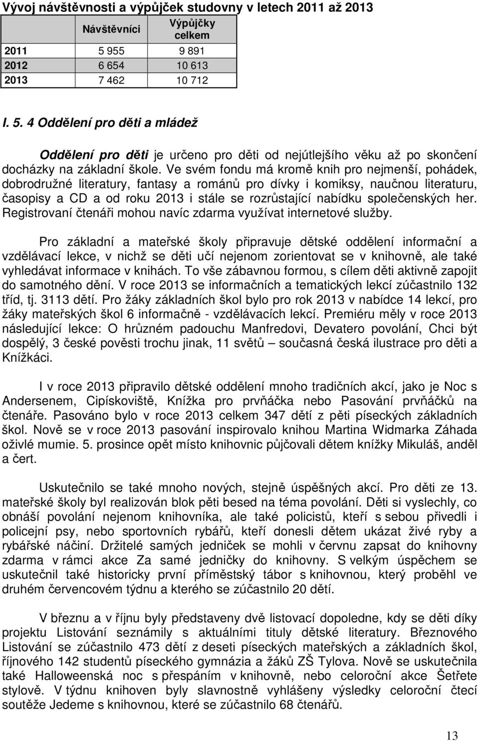 Ve svém fondu má kromě knih pro nejmenší, pohádek, dobrodružné literatury, fantasy a románů pro dívky i komiksy, naučnou literaturu, časopisy a CD a od roku 2013 i stále se rozrůstající nabídku