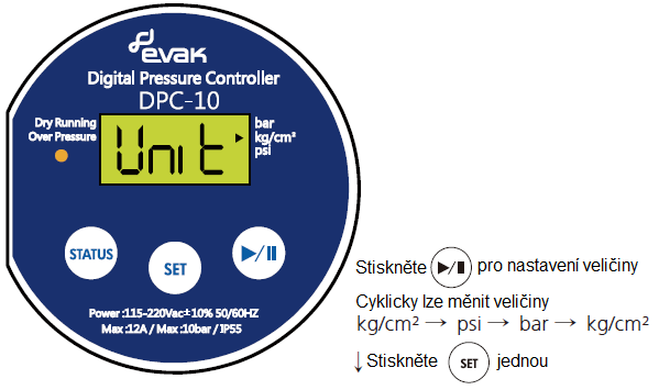 5) Po uložení nastavených hodnot se po třech sekundách na displeji zobrazí aktuální skutečný tlak v systému