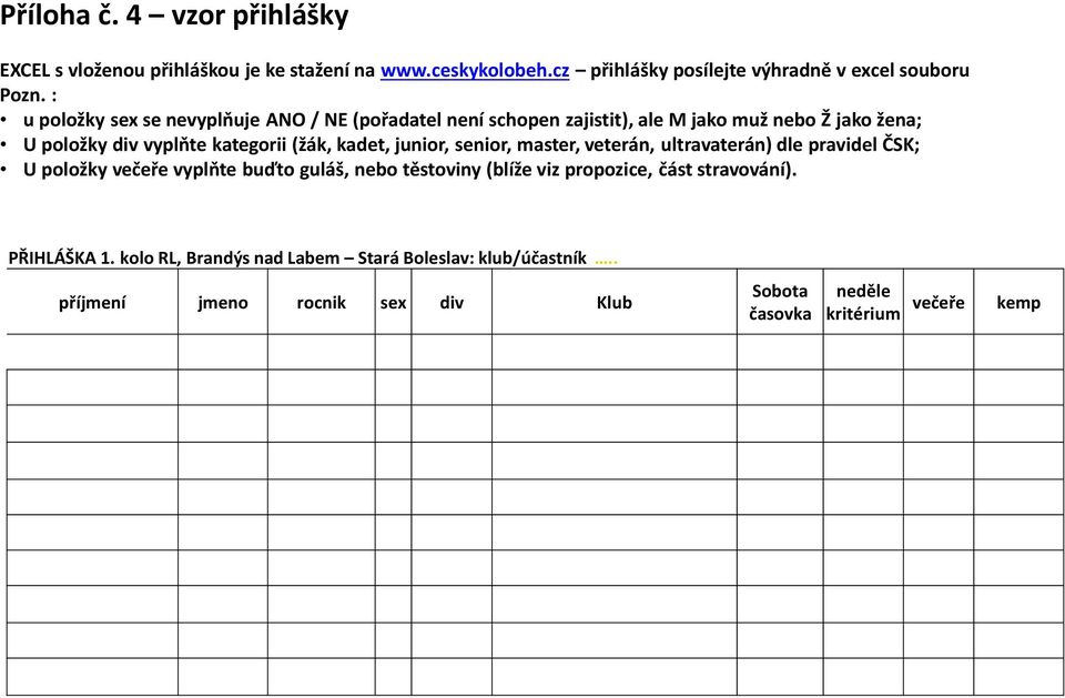 kadet, junior, senior, master, veterán, ultravaterán) dle pravidel ČSK; U položky večeře vyplňte buďto guláš, nebo těstoviny (blíže viz propozice,