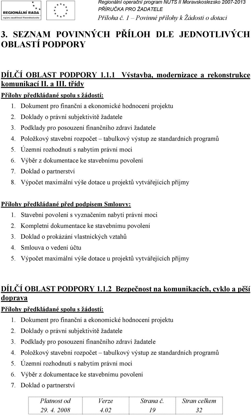 Výběr z dokumentace ke stavebnímu povolení 7. Doklad o partnerství 8. Výpočet maximální výše dotace u projektů vytvářejících příjmy Přílohy předkládané před podpisem Smlouvy: 3.