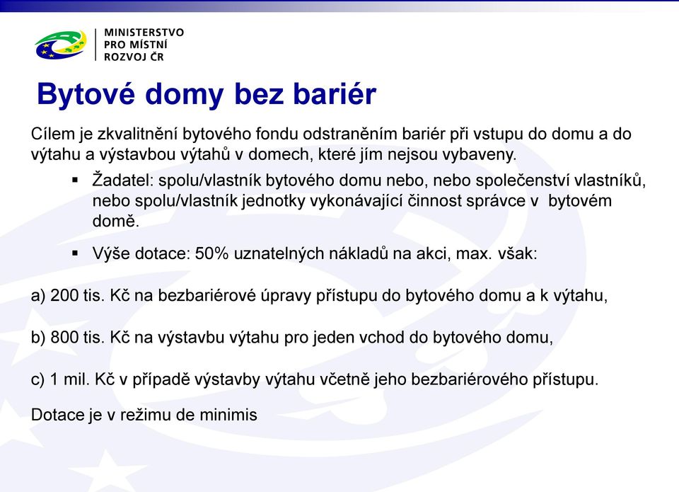 Žadatel: spolu/vlastník bytového domu nebo, nebo společenství vlastníků, nebo spolu/vlastník jednotky vykonávající činnost správce v bytovém domě.