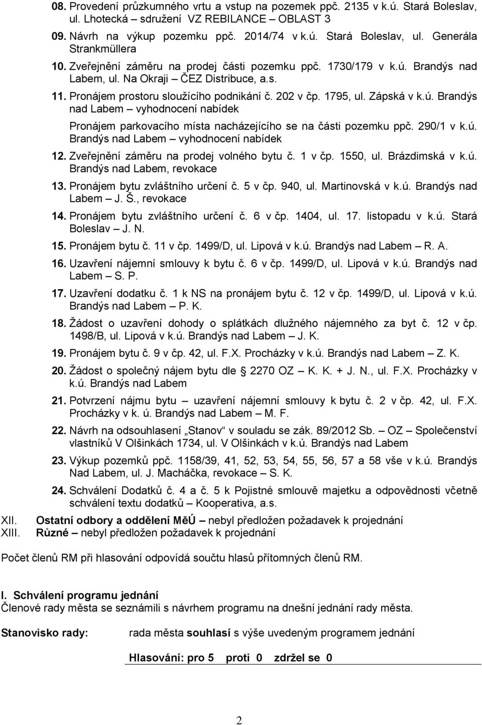 290/1 v k.ú. Brandýs nad Laem vyhodnocení naídek 12. Zveřejnění záměru na prodej volného ytu č. 1 v čp. 1550, ul. Brázdimská v k.ú. Brandýs nad Laem, revokace 13. Pronájem ytu zvláštního určení č.