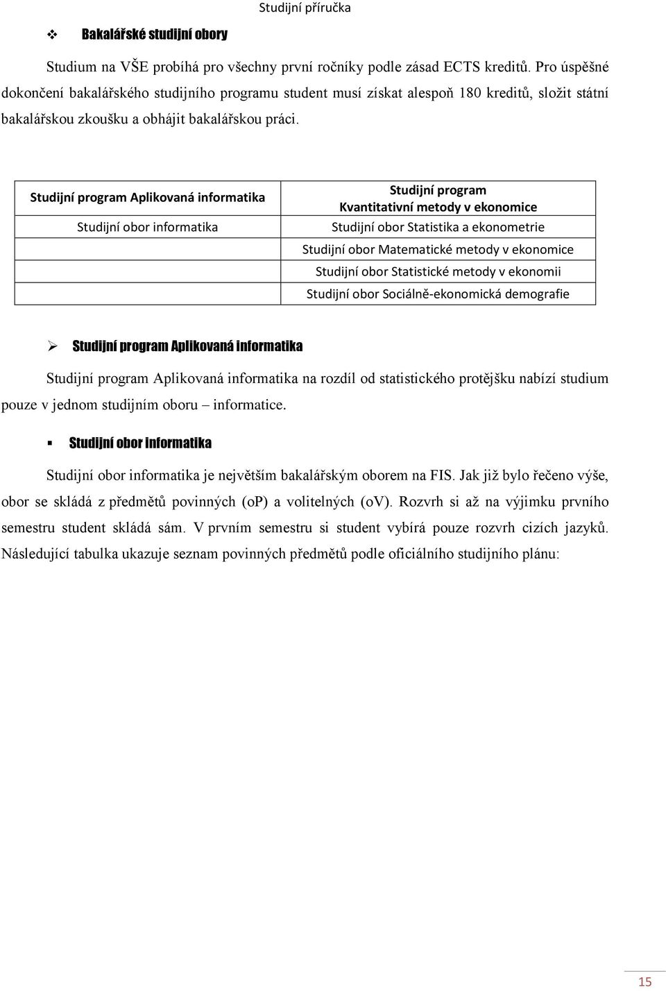 Studijní program Aplikovaná informatika Studijní obor informatika Studijní program Kvantitativní metody v ekonomice Studijní obor Statistika a ekonometrie Studijní obor Matematické metody v ekonomice