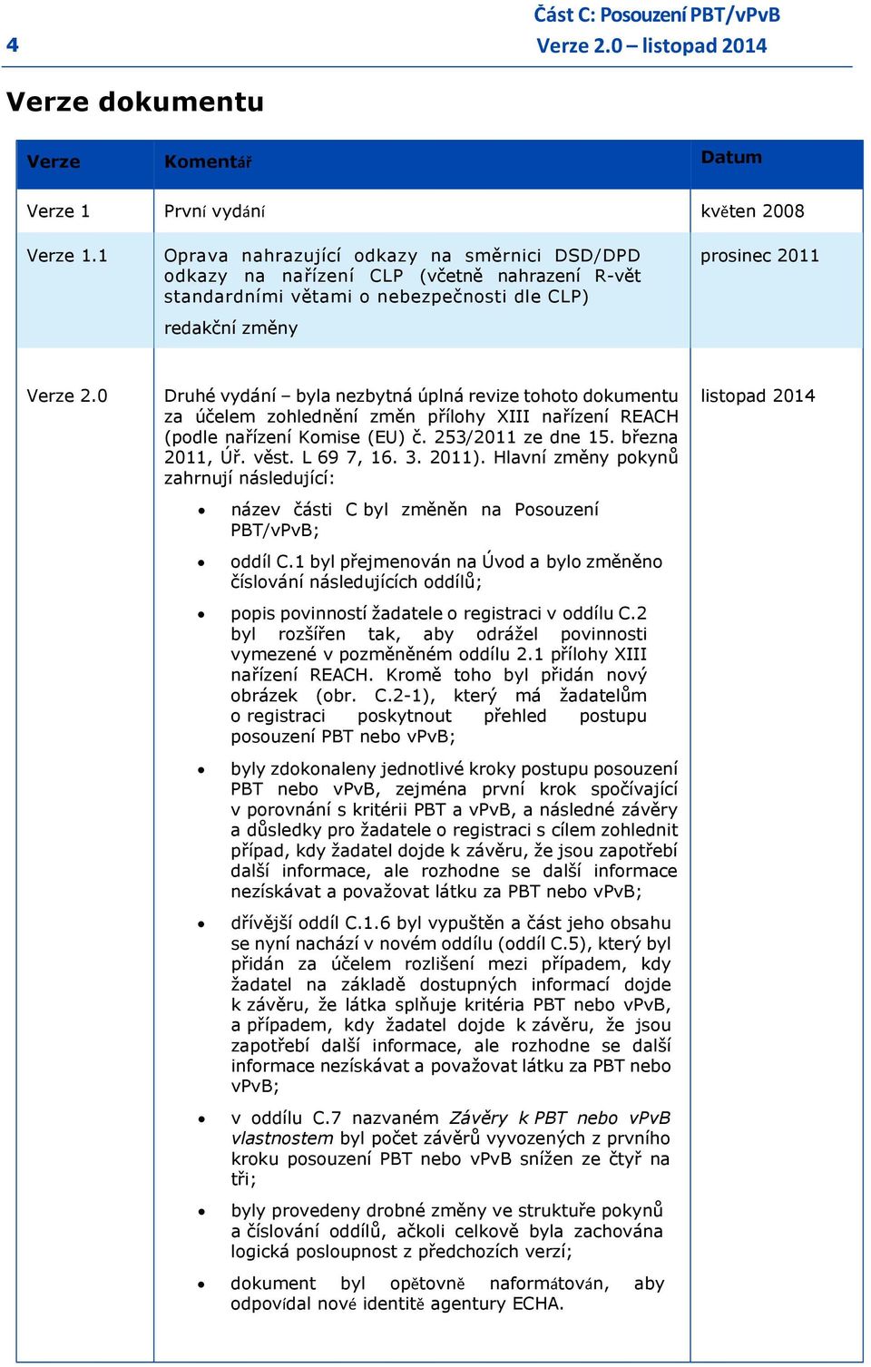0 Druhé vydání byla nezbytná úplná revize tohoto dokumentu za účelem zohlednění změn přílohy XIII nařízení REACH (podle nařízení Komise (EU) č. 253/2011 ze dne 15. března 2011, Úř. věst. L 69 7, 16.
