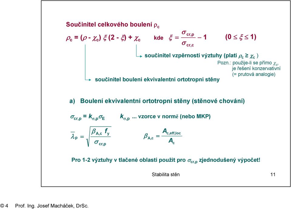 : použije-li se přímo χ c, je řešení konzervativní ( prutová analogie) součinitel oulení ekvivalentní ortotropní