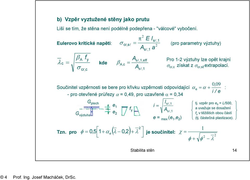 0,09 Součinitel vzpěrnosti se ere pro křivku vzpěrnosti odpovídající α e α + : i / e - pro otevřené průřez α 0,49, pro uzavřené α 0,34 G plech I e i