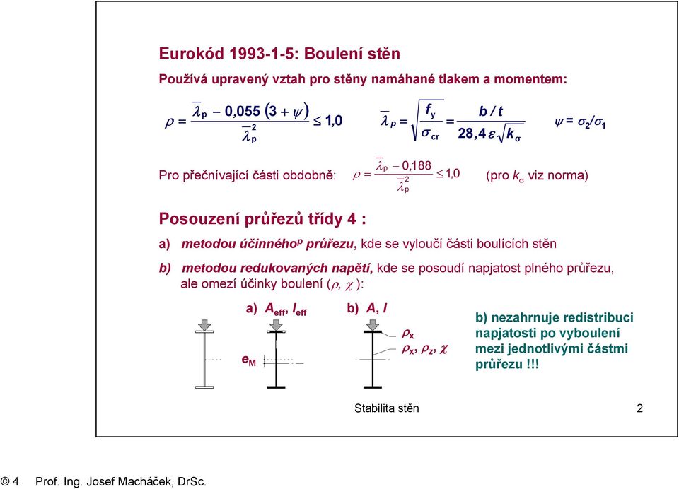 oulících stěn ) metodou redukovaných napětí, kde se posoudí napjatost plného průřezu, ale omezí účink oulení (ρ, χ ): cr ψ / a) a, I, I eff,