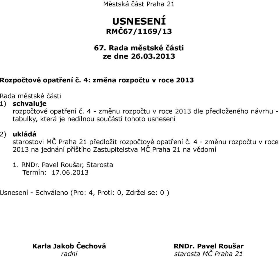 4 - změnu rozpočtu v roce 2013 dle předloženého návrhu - tabulky, která je nedílnou součástí tohoto