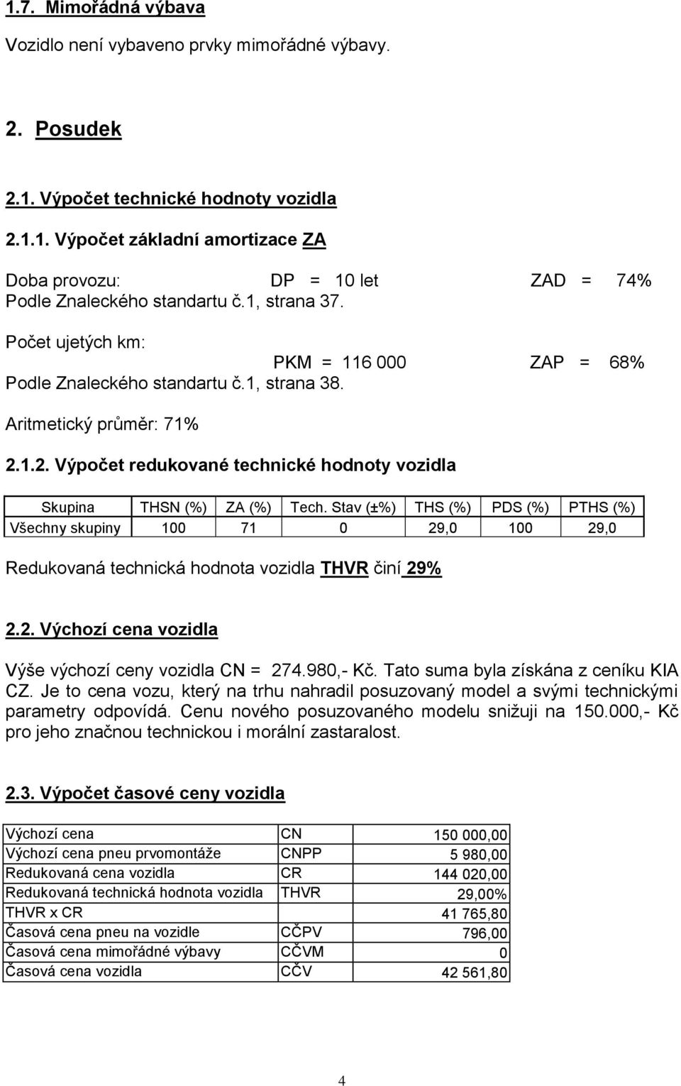 Stav (±%) THS (%) PDS (%) PTHS (%) Všechny skupiny 100 71 0 29,0 100 29,0 Redukovaná technická hodnota vozidla THVR činí 29% 2.2. Výchozí cena vozidla Výše výchozí ceny vozidla CN = 274.980,- Kč.