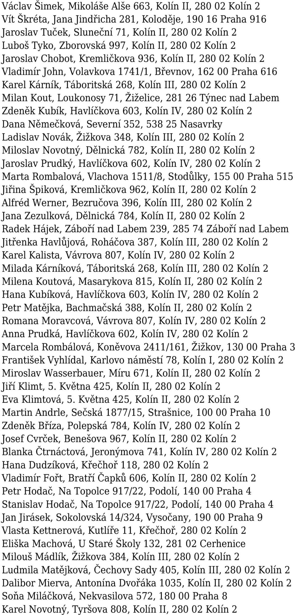 Milan Kout, Loukonosy 71, Žiželice, 281 26 Týnec nad Labem Zdeněk Kubík, Havlíčkova 603, Kolín IV, 280 02 Kolín 2 Dana Němečková, Severní 352, 538 25 Nasavrky Ladislav Novák, Žižkova 348, Kolín III,