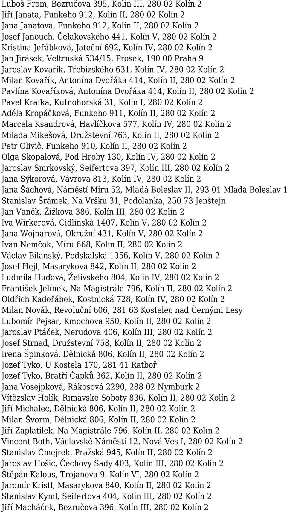 Kovařík, Antonína Dvořáka 414, Kolín II, 280 02 Kolín 2 Pavlína Kovaříková, Antonína Dvořáka 414, Kolín II, 280 02 Kolín 2 Pavel Krafka, Kutnohorská 31, Kolín I, 280 02 Kolín 2 Adéla Kropáčková,
