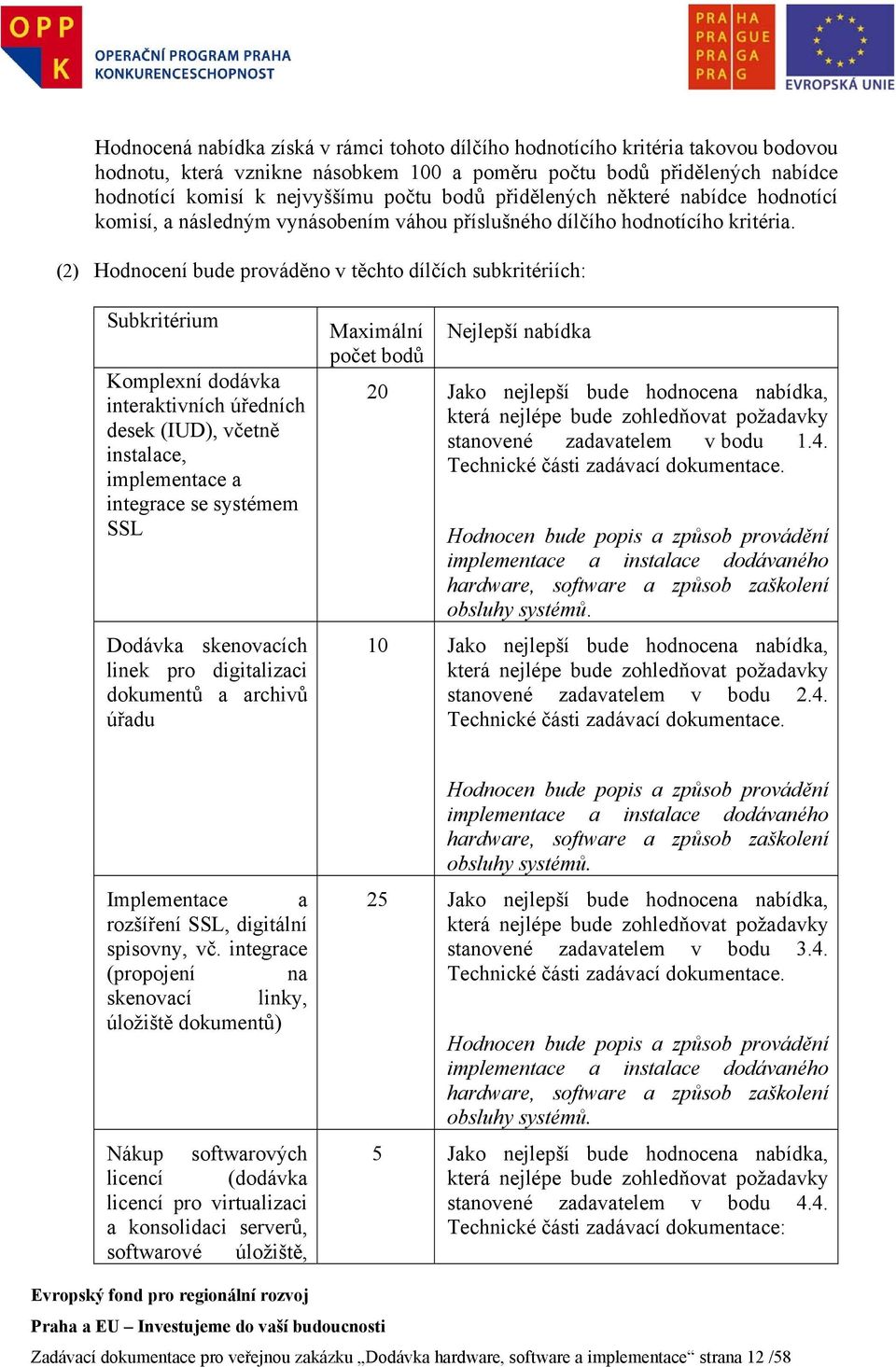 (2) Hodnocení bude prováděno v těchto dílčích subkritériích: Subkritérium Komplexní dodávka interaktivních úředních desek (IUD), včetně instalace, implementace a integrace se systémem SSL Dodávka