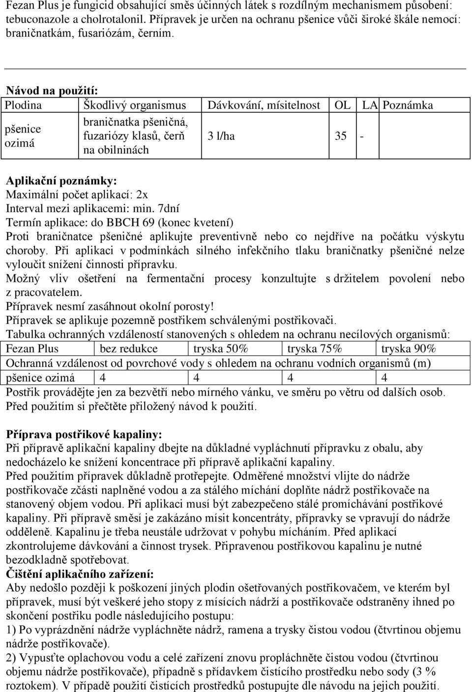 Návod na použití: Plodina Škodlivý organismus Dávkování, mísitelnost OL LA Poznámka braničnatka pšeničná, pšenice fuzariózy klasů, čerň 3 l/ha 35 - ozimá na obilninách Aplikační poznámky: Maximální