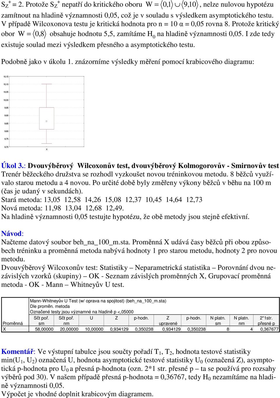 I zde tedy existuje soulad mezi výsledkem přesného a asymptotického testu. Podobně jako v úkolu 1.