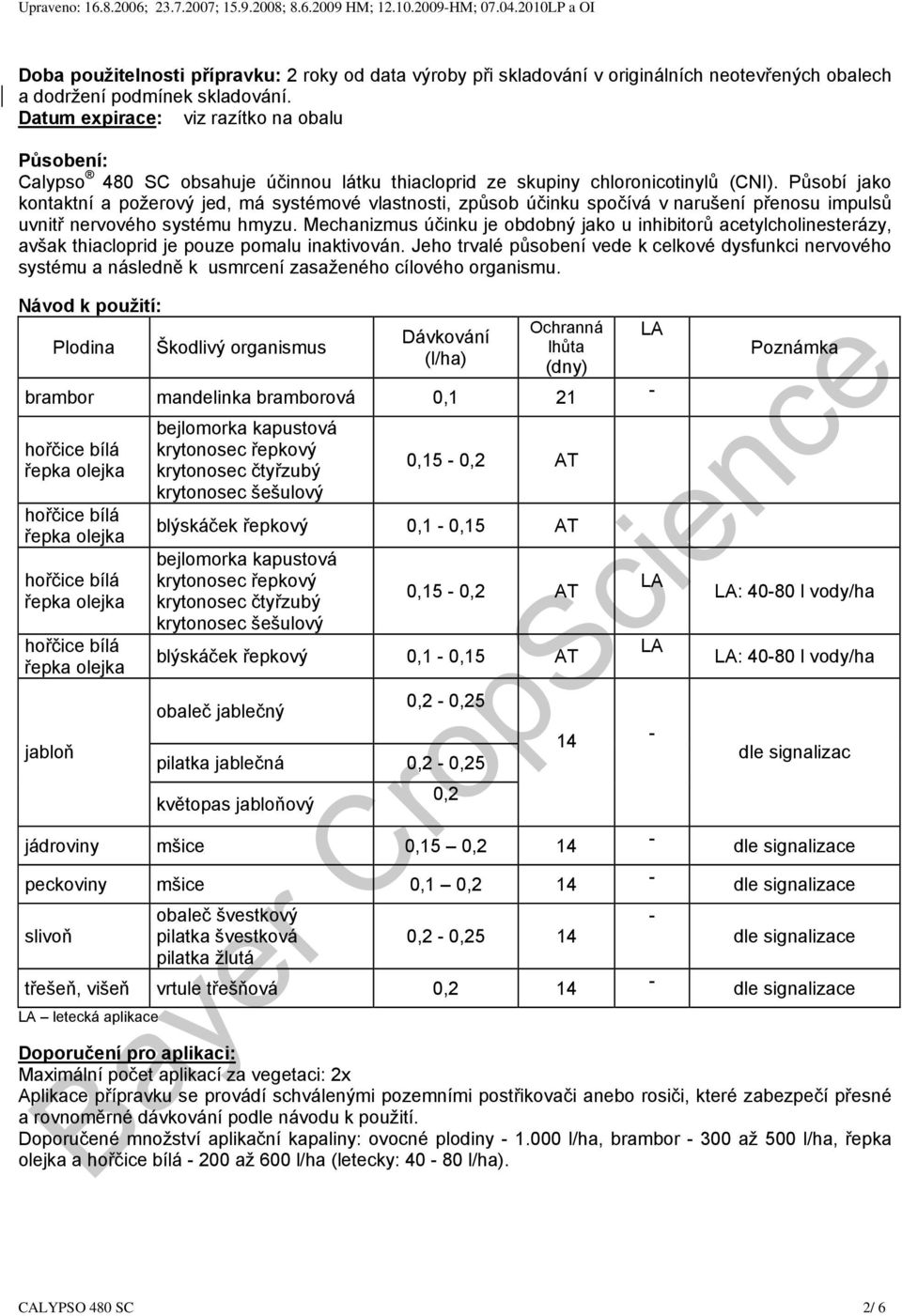 Datum expirace: viz razítko na obalu Působení: Calypso 480 SC obsahuje účinnou látku thiacloprid ze skupiny chloronicotinylů (CNI).