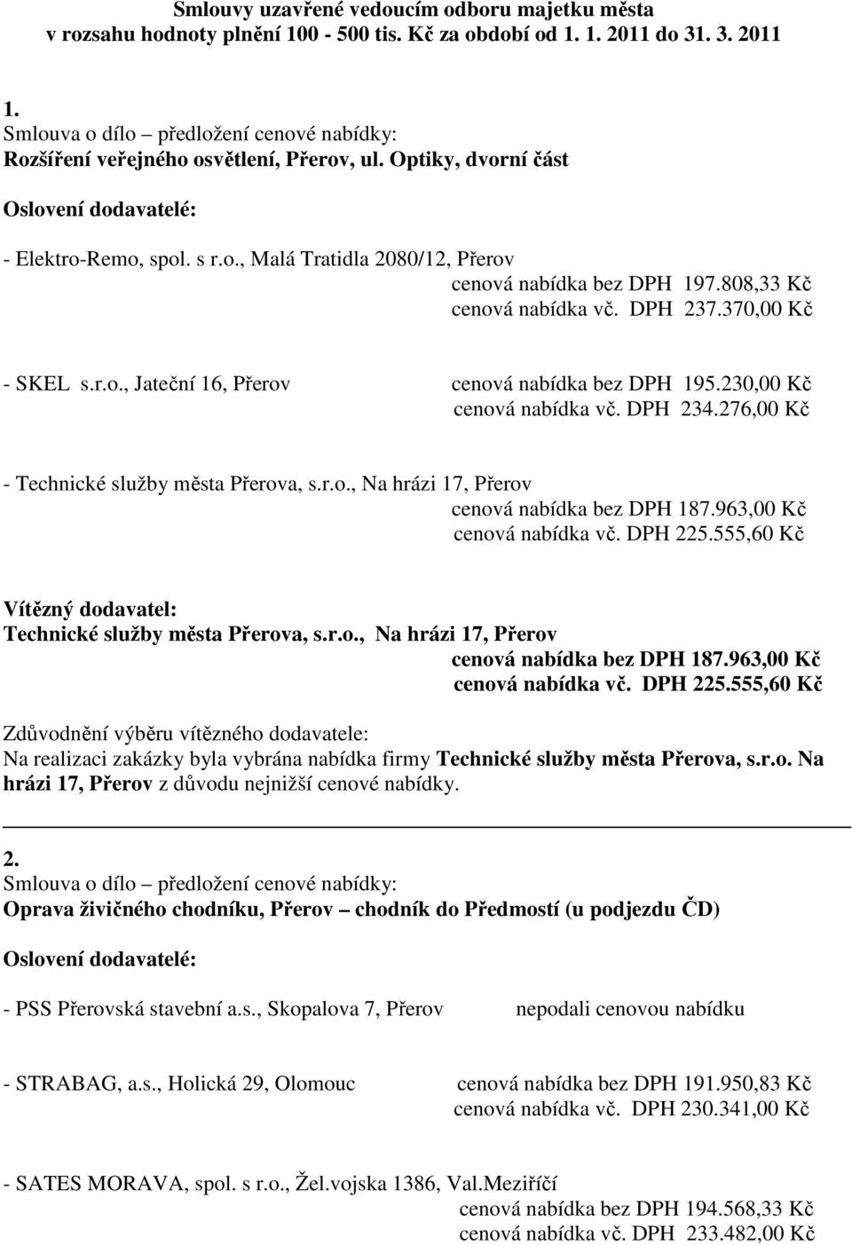 808,33 Kč cenová nabídka vč. DPH 237.370,00 Kč - SKEL s.r.o., Jateční 16, Přerov cenová nabídka bez DPH 195.230,00 Kč cenová nabídka vč. DPH 234.276,00 Kč - Technické služby města Přerova, s.r.o., Na hrázi 17, Přerov cenová nabídka bez DPH 187.