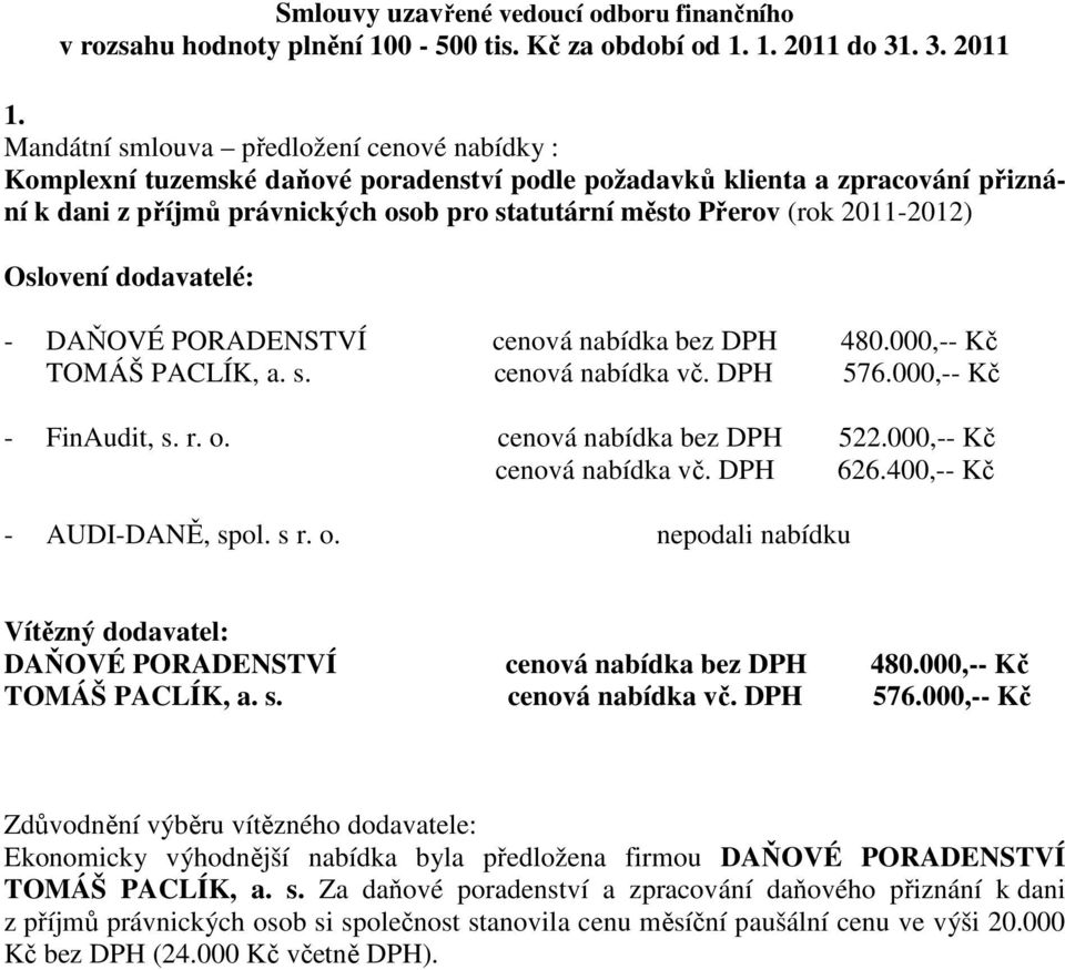 2011-2012) - DAŇOVÉ PORADENSTVÍ cenová nabídka bez DPH 480.000,-- Kč TOMÁŠ PACLÍK, a. s. cenová nabídka vč. DPH 576.000,-- Kč - FinAudit, s. r. o. cenová nabídka bez DPH 522.