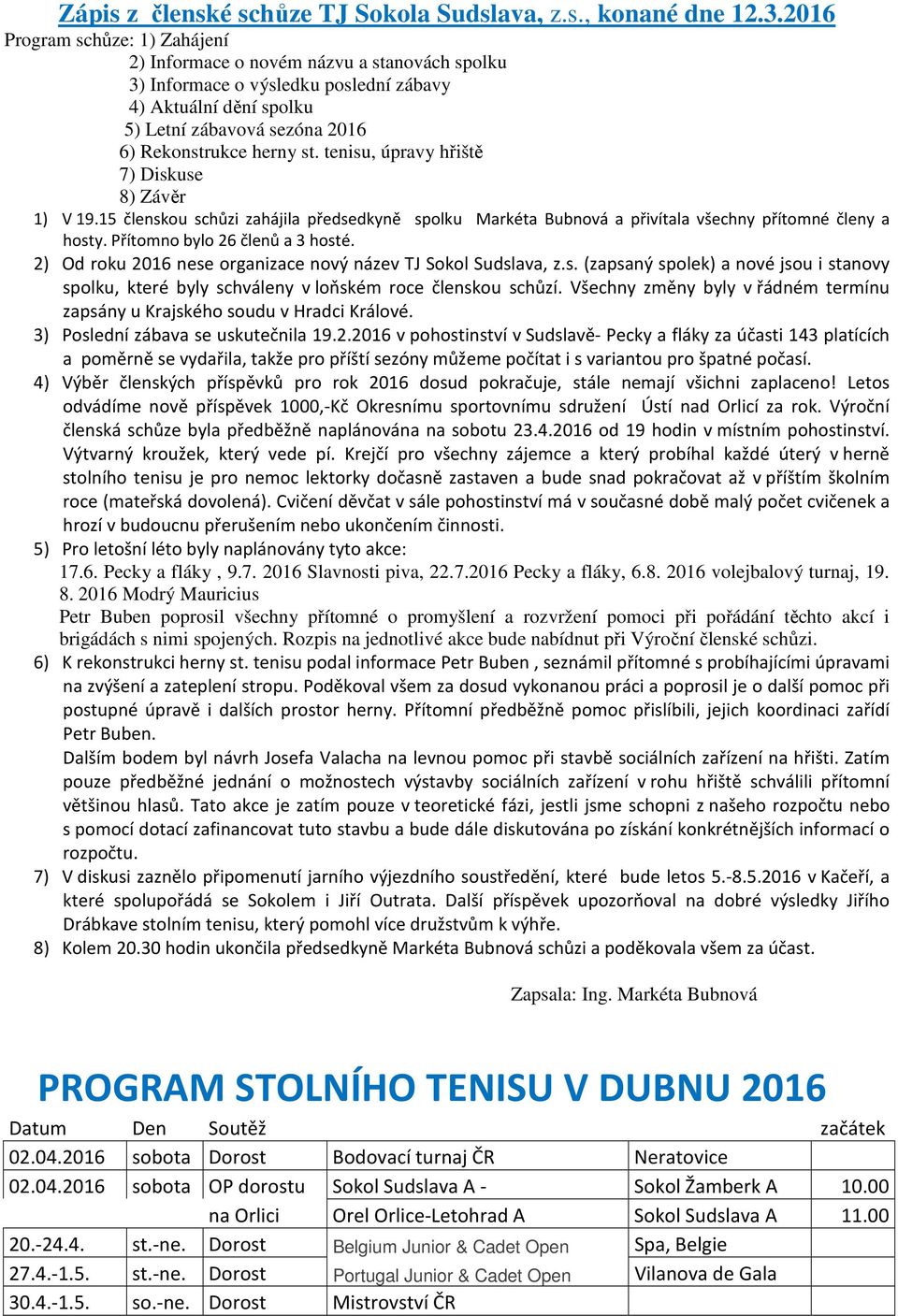 tenisu, úpravy hřiště 7) Diskuse 8) Závěr 1) V 19.15 členskou schůzi zahájila předsedkyně spolku Markéta Bubnová a přivítala všechny přítomné členy a hosty. Přítomno bylo 26 členů a 3 hosté.