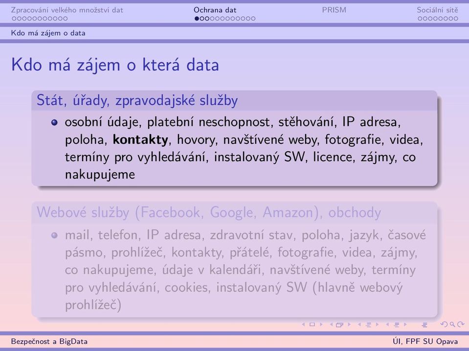 služby (Facebook, Google, Amazon), obchody mail, telefon, IP adresa, zdravotní stav, poloha, jazyk, časové pásmo, prohlížeč, kontakty,
