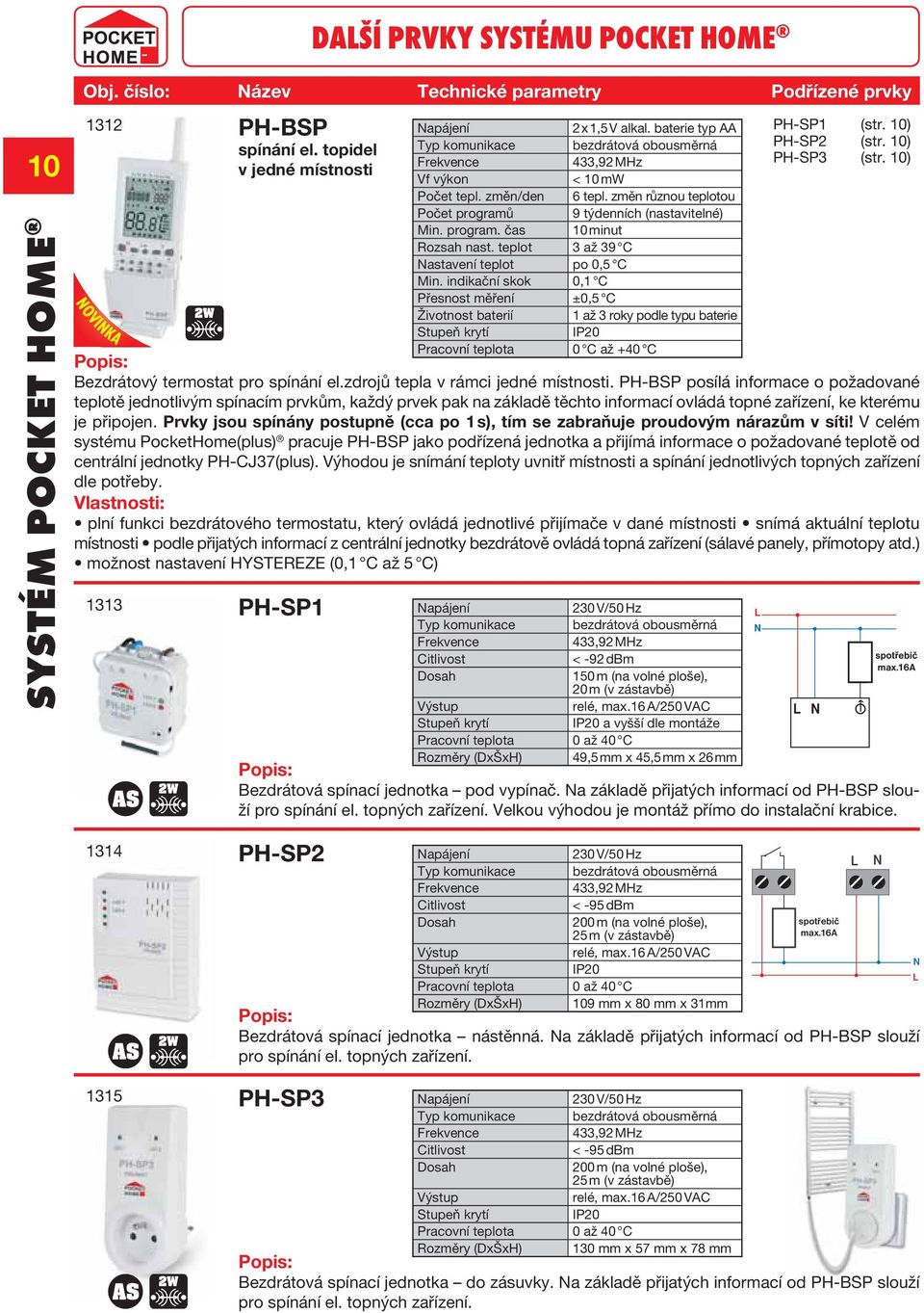 teplot 3 až 39 C Nastavení teplot po 0,5 C Min. indikační skok 0,1 C Přesnost měření ±0,5 C Životnost baterií 1 až 3 roky podle typu baterie Pracovní teplota 0 C až +40 C PH-SP1 (str. 10) PH-SP2 (str.