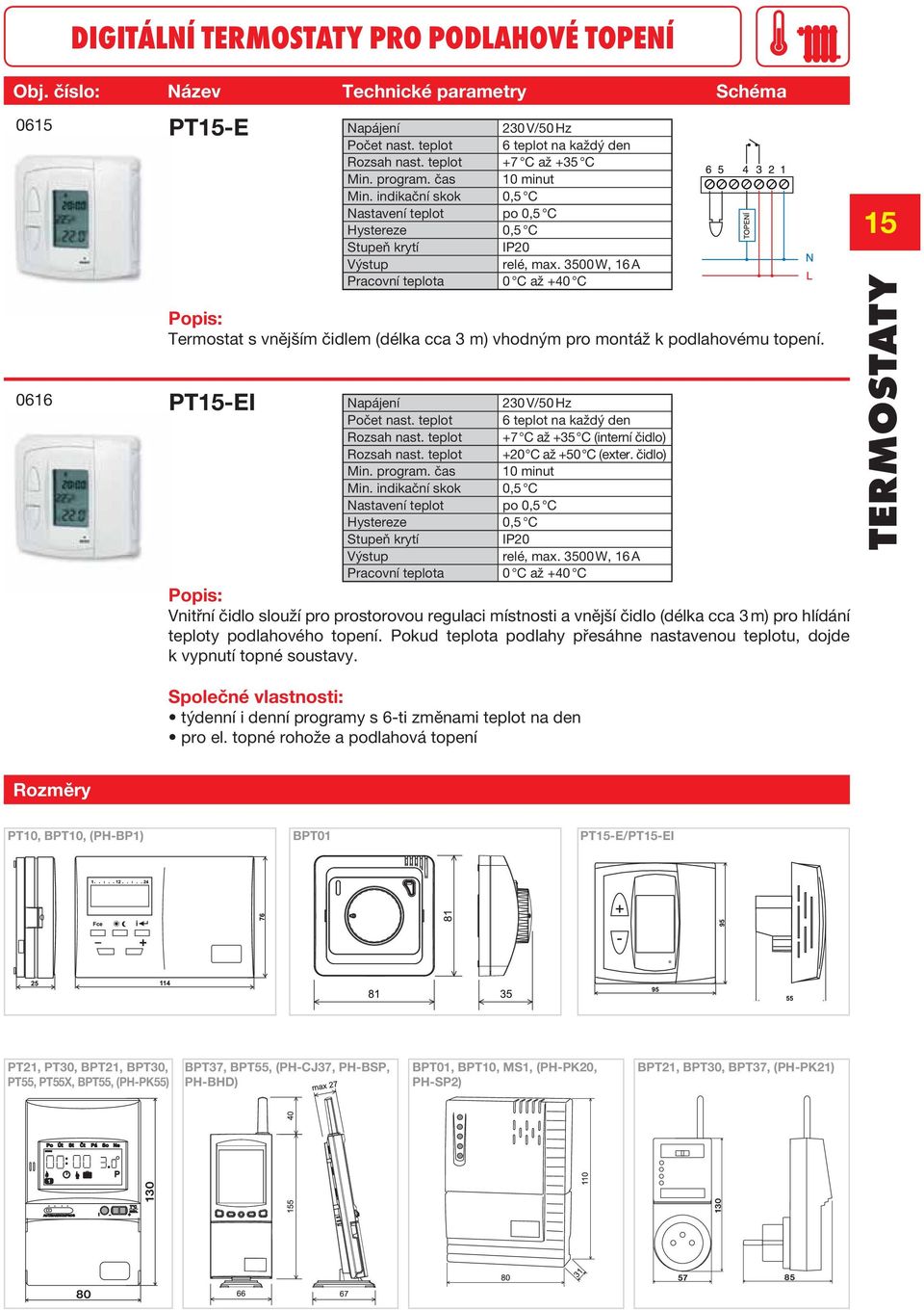 3500 W, 16 A Pracovní teplota 0 C až +40 C Termostat s vnějším čidlem (délka cca 3 m) vhodným pro montáž k podlahovému topení. PT15-EI Počet nast. teplot 6 teplot na každý den Rozsah nast.