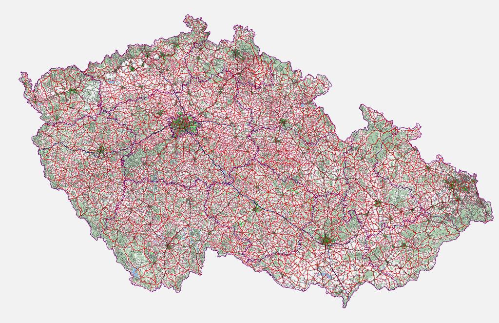 vrstvy: Kompletní routovatelná silniční a uliční síť Topografické vrstvy