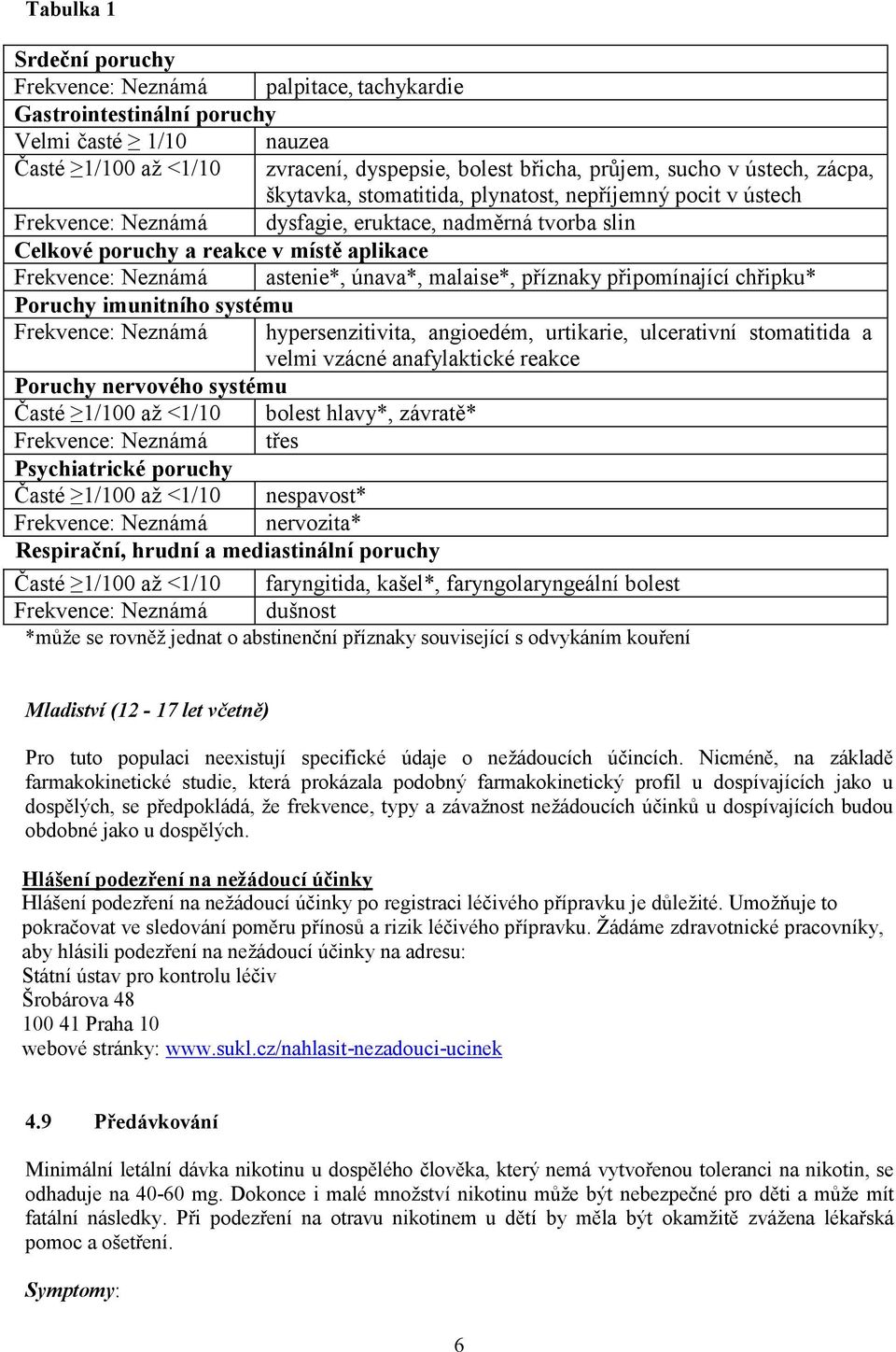 únava*, malaise*, příznaky připomínající chřipku* Poruchy imunitního systému Frekvence: Neznámá hypersenzitivita, angioedém, urtikarie, ulcerativní stomatitida a velmi vzácné anafylaktické reakce