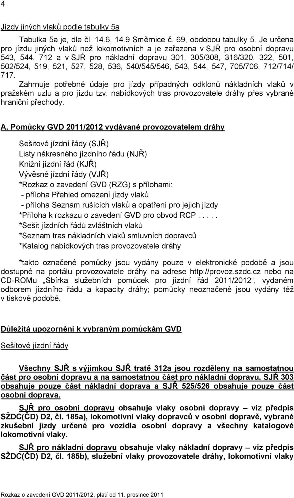 540/545/546, 543, 544, 547, 705/706, 712/714/ 717. Zahrnuje potřebné údaje pro jízdy případných odklonů nákladních vlaků v pražském uzlu a pro jízdu tzv.