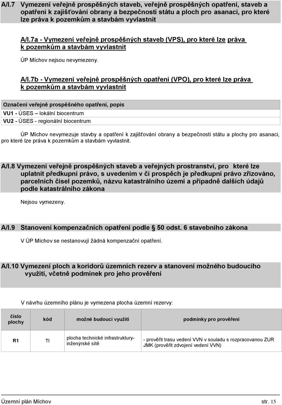 7a - Vymezení veřejně prospěšných staveb (VPS), pro které lze práva k pozemkům a stavbám vyvlastnit ÚP Míchov nejsou nevymezeny. A/I.