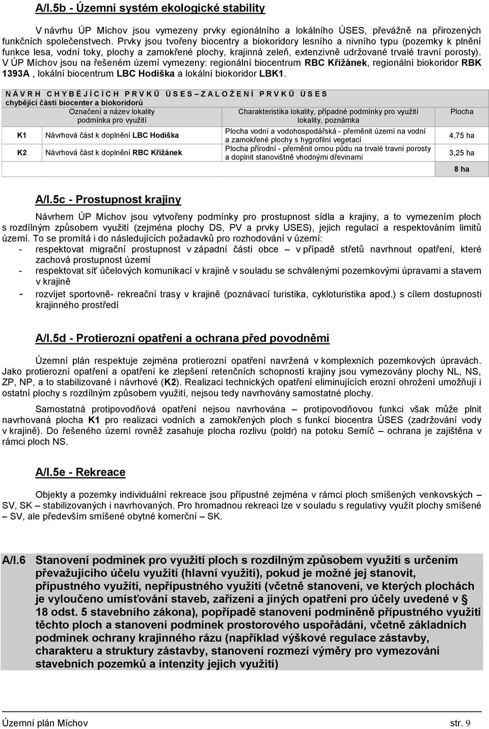 V ÚP Míchov jsou na řešeném území vymezeny: regionální biocentrum RBC Křižánek, regionální biokoridor RBK 1393A, lokální biocentrum LBC Hodiška a lokální biokoridor LBK1.