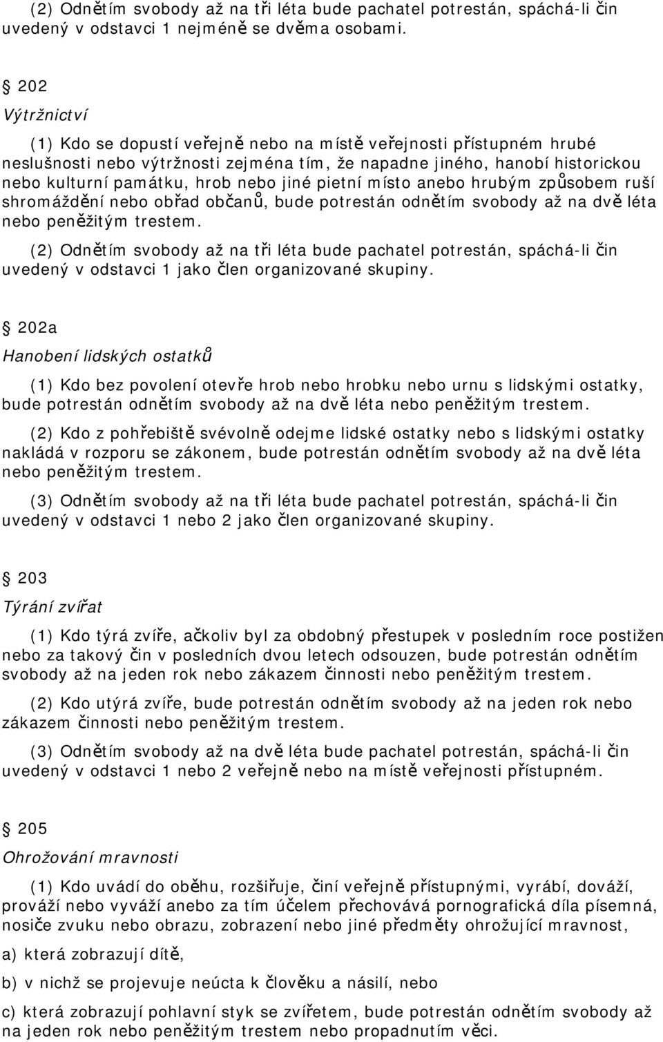 jiné pietní místo anebo hrubým způsobem ruší shromáždění nebo obřad občanů, bude potrestán odnětím svobody až na dvě léta nebo peněžitým trestem.