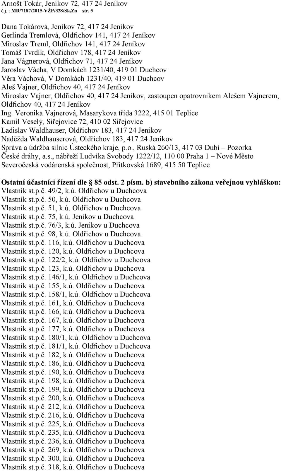 Oldřichov 71, 417 24 Jeníkov Jaroslav Vácha, V Domkách 1231/40, 419 01 Duchcov Věra Váchová, V Domkách 1231/40, 419 01 Duchcov Aleš Vajner, Oldřichov 40, 417 24 Jeníkov Miroslav Vajner, Oldřichov 40,