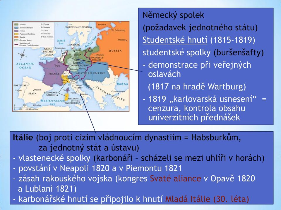 dynastiím = Habsburkům, za jednotný stát a ústavu) - vlastenecké spolky (karbonáři scházeli se mezi uhlíři v horách) - povstání v Neapoli 1820 a