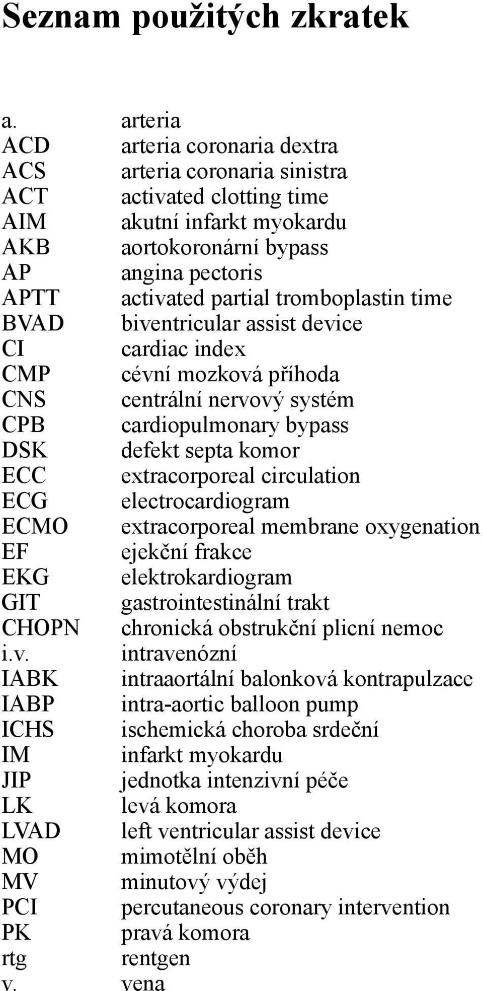 tromboplastin time BVAD biventricular assist device CI cardiac index CMP cévní mozková příhoda CNS centrální nervový systém CPB cardiopulmonary bypass DSK defekt septa komor ECC extracorporeal