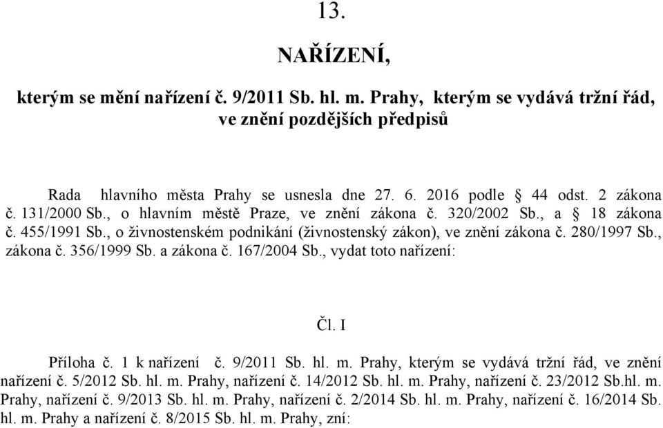 356/999 Sb. a zákona č. 67/004 Sb., vydat toto nařízení: Čl. I Příloha č. k nařízení č. 9/0 Sb. hl. m. Prahy, kterým se vydává tržní řád, ve znění nařízení č. 5/0 Sb. hl. m. Prahy, nařízení č.