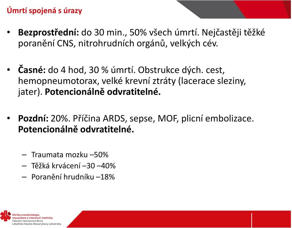 Obstrukce dých. cest, hemopneumotorax, velké krevní ztráty (lacerace sleziny, jater).