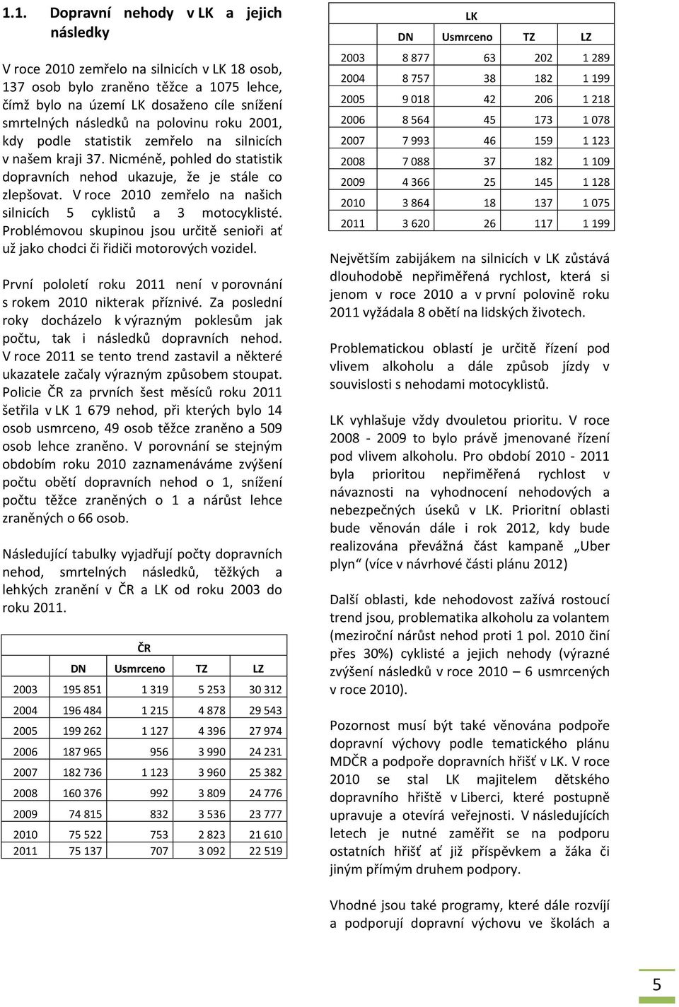 V roce 2010 zemřelo na našich silnicích 5 cyklistů a 3 motocyklisté. Problémovou skupinou jsou určitě senioři ať už jako chodci či řidiči motorových vozidel.