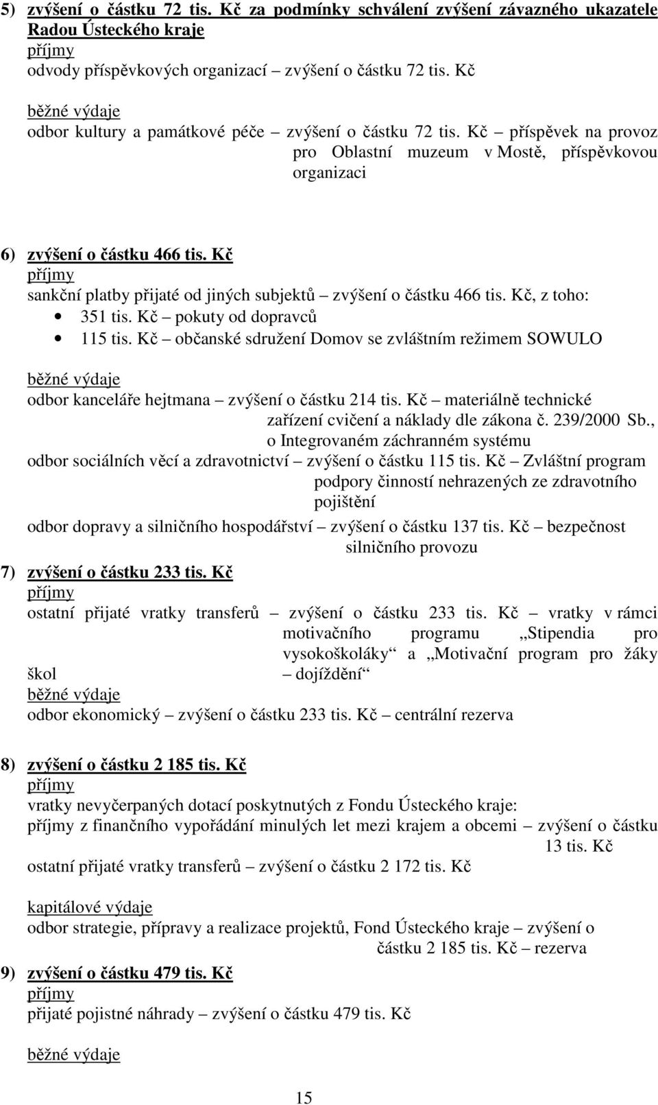 Kč příjmy sankční platby přijaté od jiných subjektů zvýšení o částku tis. Kč, z toho: tis. Kč pokuty od dopravců tis.