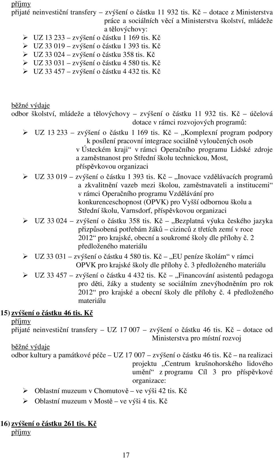 Kč účelová dotace v rámci rozvojových programů: UZ zvýšení o částku tis.