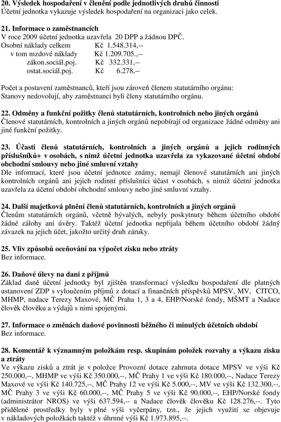 sociál.poj. Kč 6.278,-- Počet a postavení zaměstnanců, kteří jsou zároveň členem statutárního orgánu: Stanovy nedovolují, aby zaměstnanci byli členy statutárního orgánu. 22.