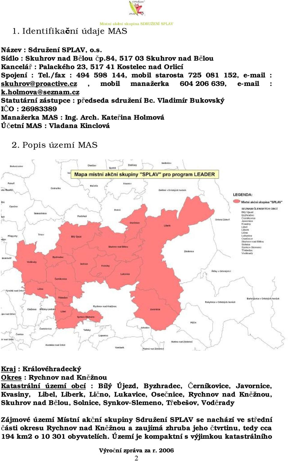 cz, mobil manažerka 604 206 639, e-mail : k.holmova@seznam.cz Statutární zástupce : předseda sdružení Bc. Vladimír Bukovský IČO : 26983389 Manažerka MAS : Ing. Arch.