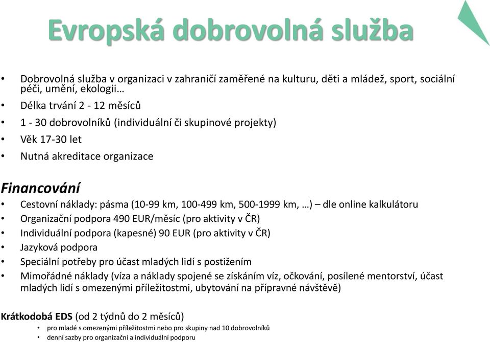 EUR/měsíc (pro aktivity v ČR) Individuální podpora (kapesné) 90 EUR (pro aktivity v ČR) Jazyková podpora Speciální potřeby pro účast mladých lidí s postižením Mimořádné náklady (víza a náklady