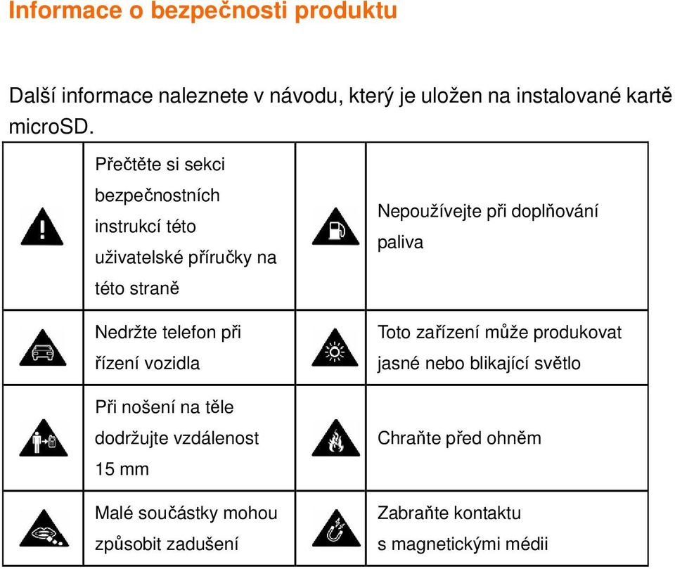 vozidla Nepoužívejte při doplňování paliva Toto zařízení může produkovat jasné nebo blikající světlo Při nošení na