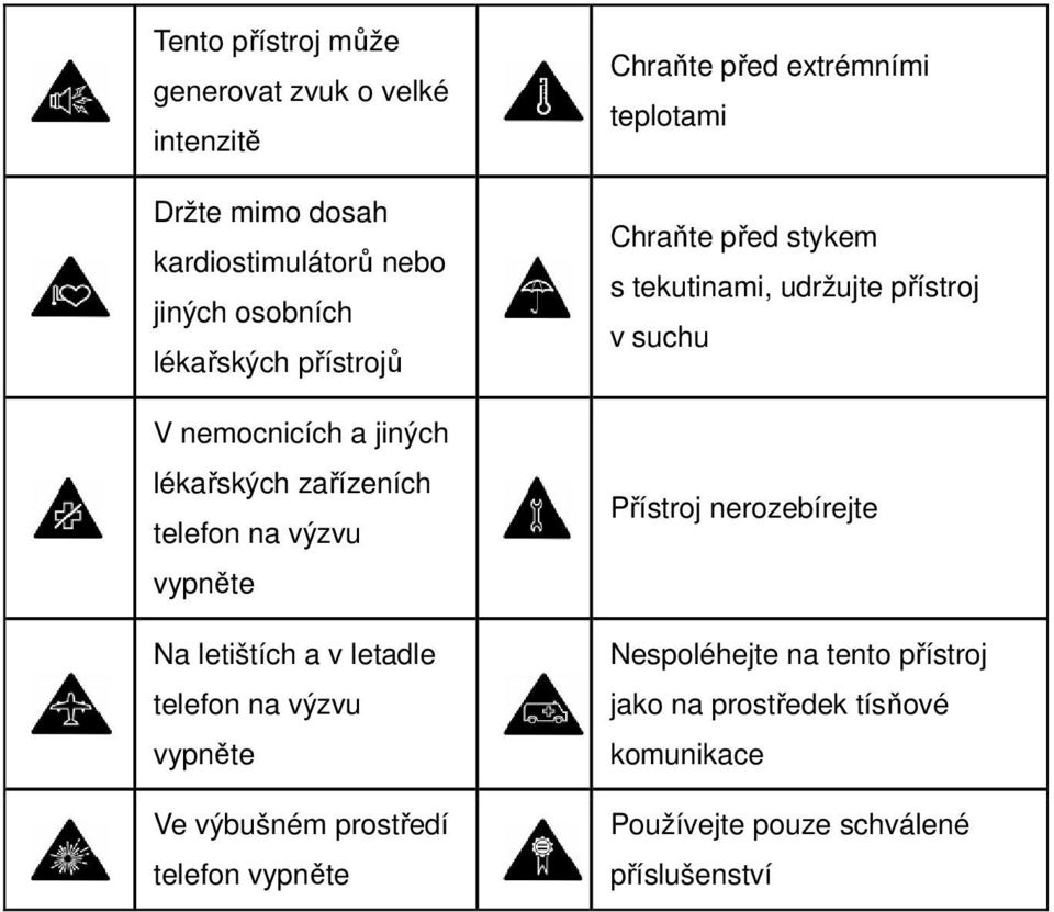 vypněte Ve výbušném prostředí telefon vypněte Chraňte před extrémními teplotami Chraňte před stykem s tekutinami, udržujte