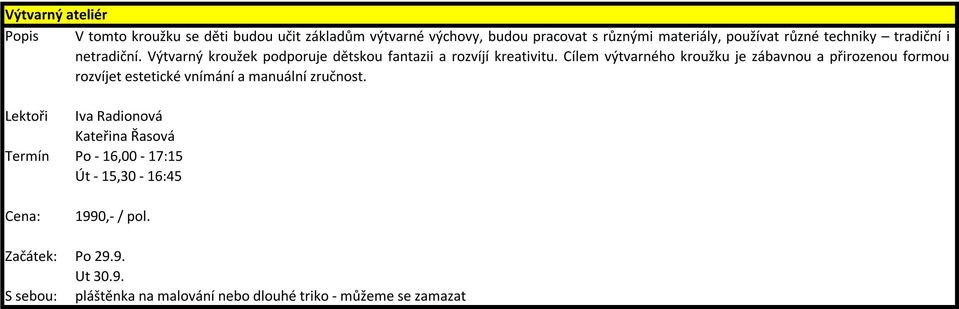 Cílem výtvarného kroužku je zábavnou a přirozenou formou rozvíjet estetické vnímání a manuální zručnost.