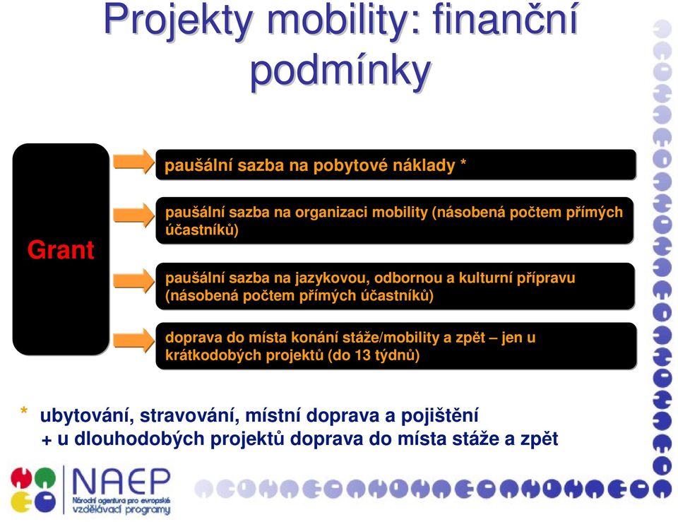 (násobená počtem přímých účastníků) doprava do místa konání stáže/mobility a zpět jen u krátkodobých projektů