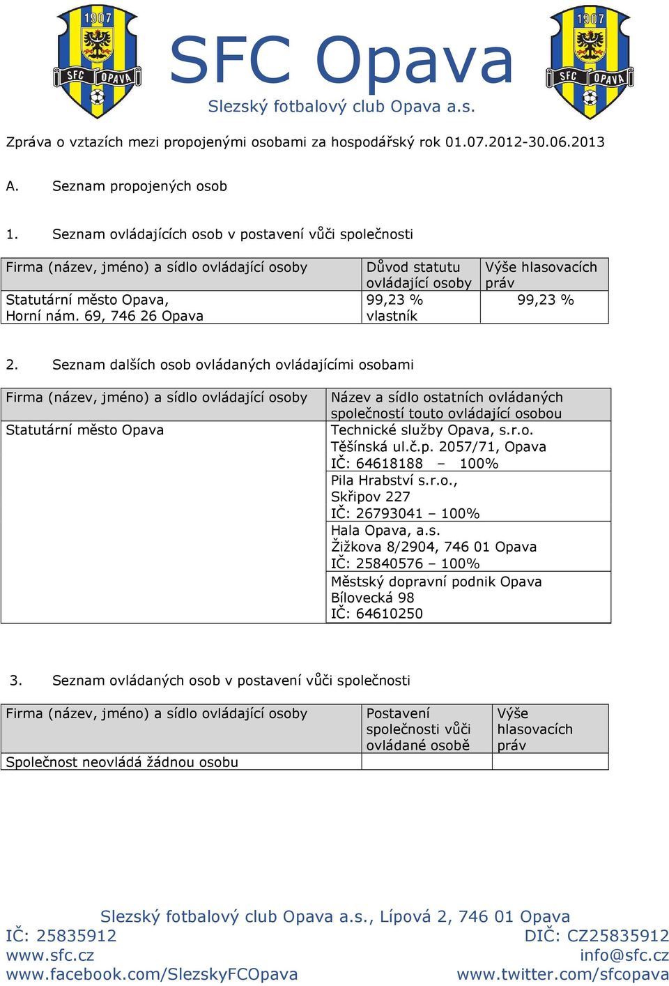 69, 746 26 Opava Důvod statutu ovládající osoby 99,23 % vlastník Výše hlasovacích práv 99,23 % 2.