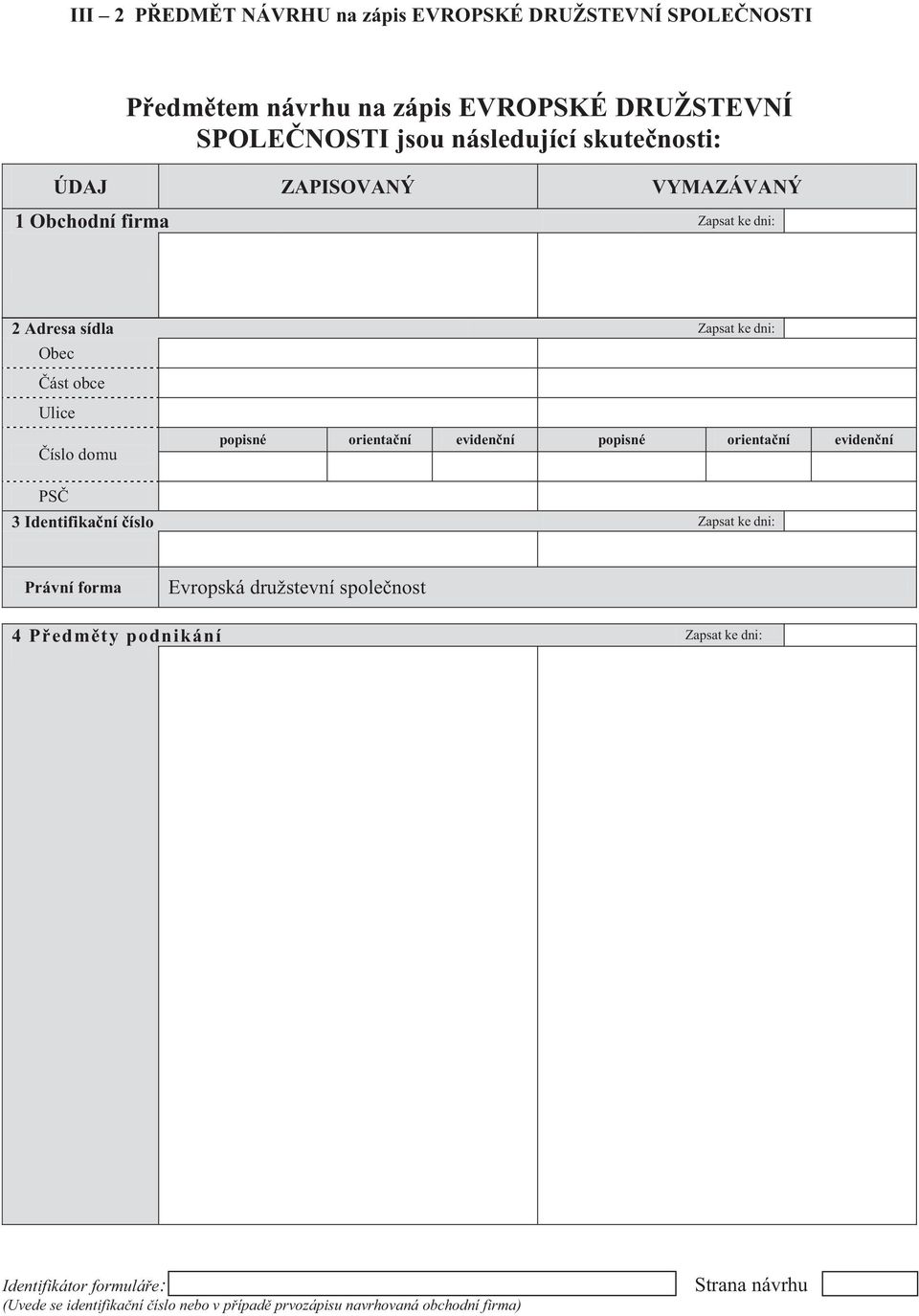 sídla Zapsat ke dni: 3 Identifikační číslo Zapsat ke dni: Právní