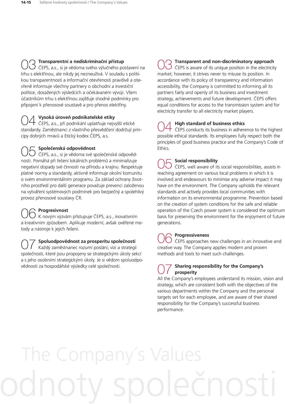Všem účastníkům trhu s elektřinou zajišťuje shodné podmínky pro připojení k přenosové soustavě a pro přenos elektřiny. 04 Vysoká úroveň podnikatelské etiky ČEPS, a.s., při podnikání uplatňuje nejvyšší etické standardy.