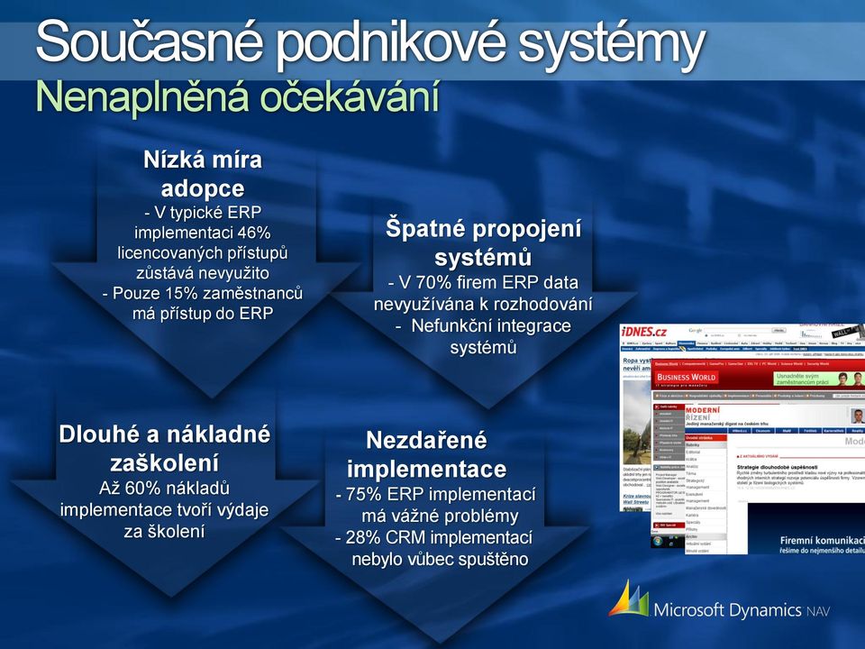 nevyužívána k rozhodování - Nefunkční integrace systémů Dlouhé a nákladné zaškolení Až 60% nákladů implementace tvoří